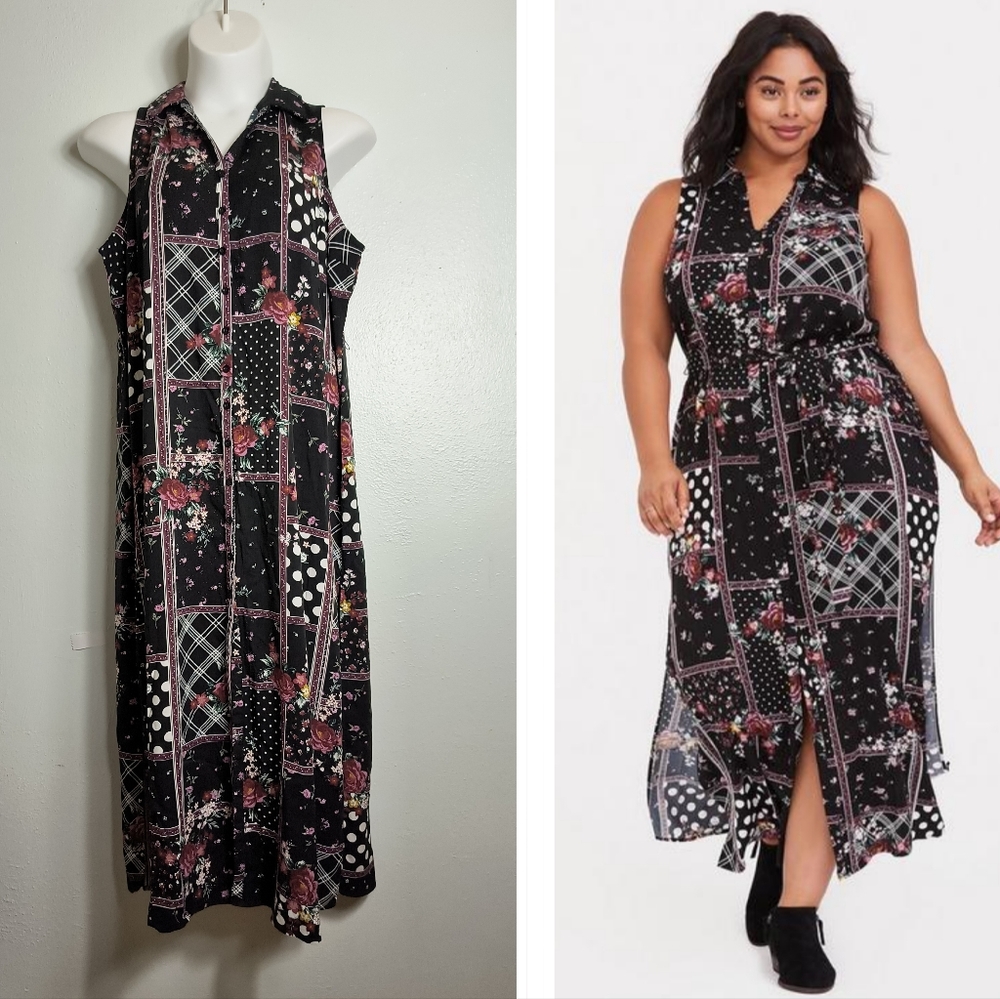 Torrid Women's 3X Red and Black Slit Polo Collar Sundress Floral